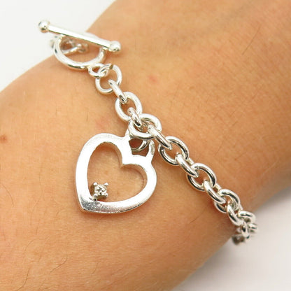 925 Sterling Silver Heart Design Cable Link Bracelet 6 3/4"