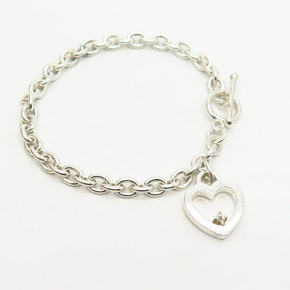 925 Sterling Silver Heart Design Cable Link Bracelet 6 3/4"