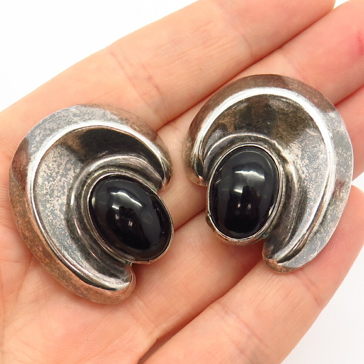 950 Silver Vintage Mexico Real Black Onyx Gem Modernist Clip On Earrings