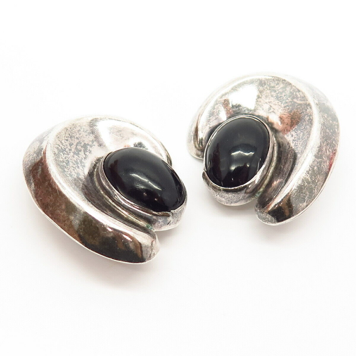 950 Silver Vintage Mexico Real Black Onyx Gem Modernist Clip On Earrings