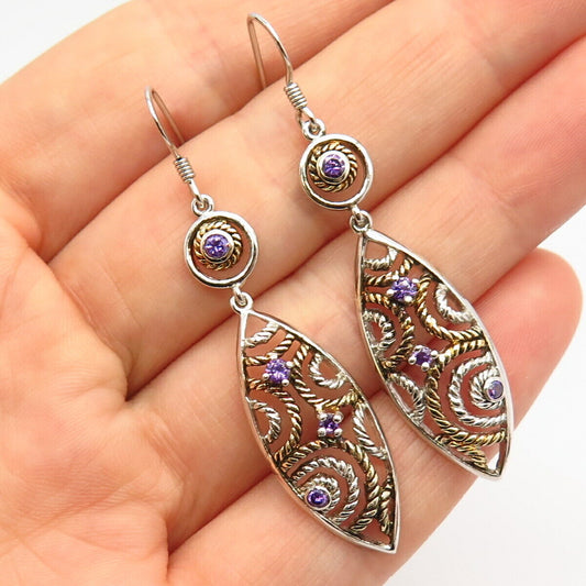 925 Sterling Silver 2-Tone Violet C Z Dangling Earrings