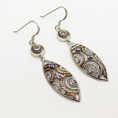 925 Sterling Silver 2-Tone Violet C Z Dangling Earrings