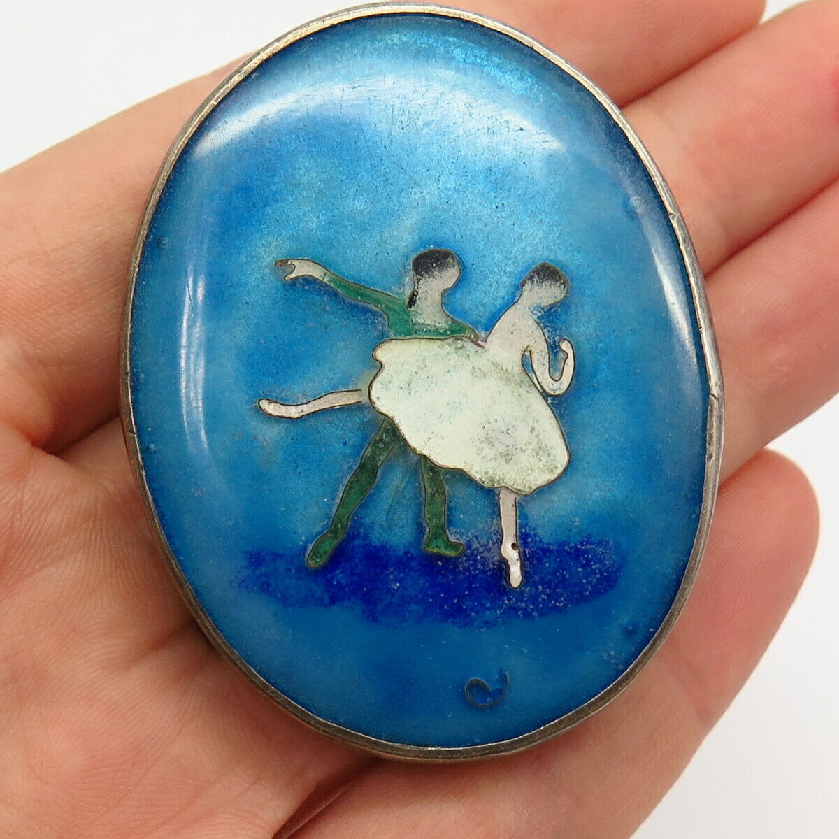 925 Sterling Silver Antique Enamel Ballet Dancers Slide Pendant