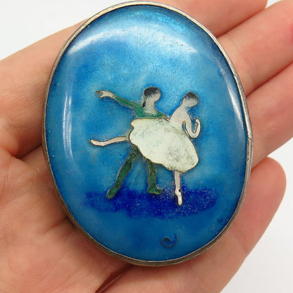 925 Sterling Silver Antique Enamel Ballet Dancers Slide Pendant