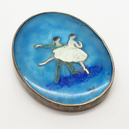 925 Sterling Silver Antique Enamel Ballet Dancers Slide Pendant