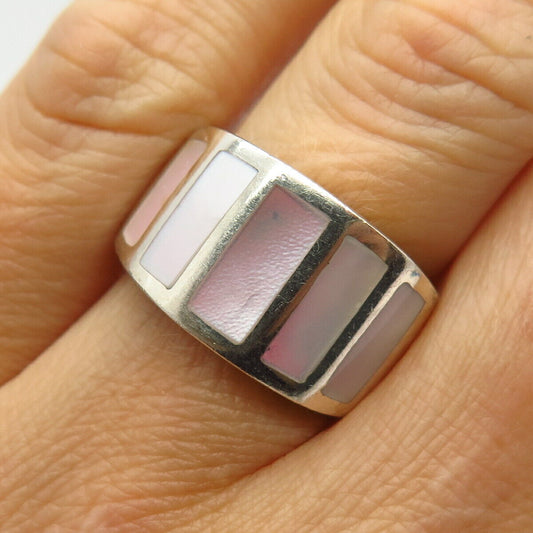 925 Sterling Silver Vintage Real Pink Mother-Of-Pearl Graduated Ring Size 6.5