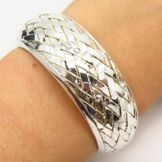 925 Sterling Silver Woven Design Wide Cuff Bracelet 6.5"