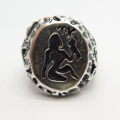 925 Sterling Silver Vintage Carved Virgo Zodiac Sign Signet Ring Size 6 3/4