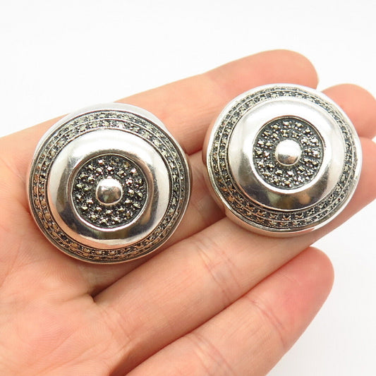 925 Sterling Silver Vintage Real Marcasite Gem Domed Round Omega Back Earrings