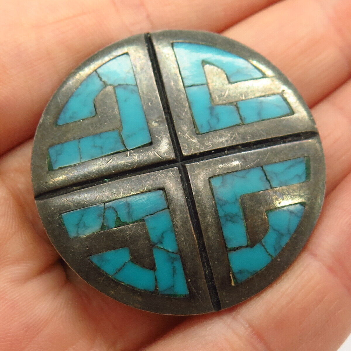 925 Sterling Vintage Mexico Melesio Rodriguez Turquoise Gem Pin Brooch / Pendant