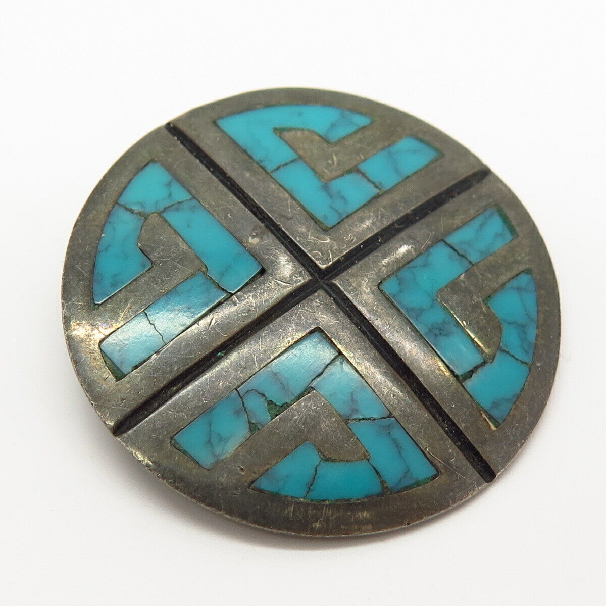 925 Sterling Vintage Mexico Melesio Rodriguez Turquoise Gem Pin Brooch / Pendant