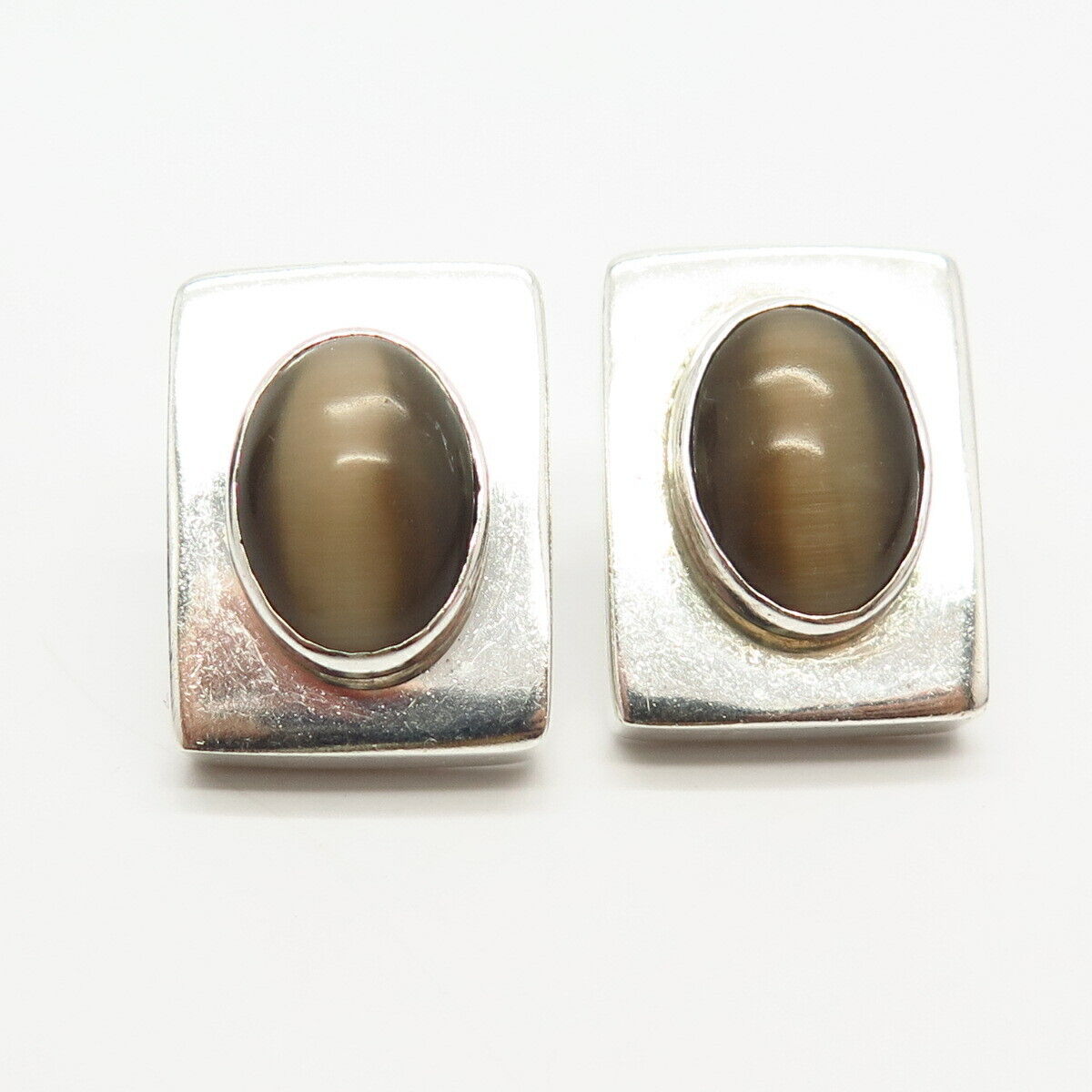 925 Sterling Silver Mexico Tiger Eye Imitation Rectangle Earrings