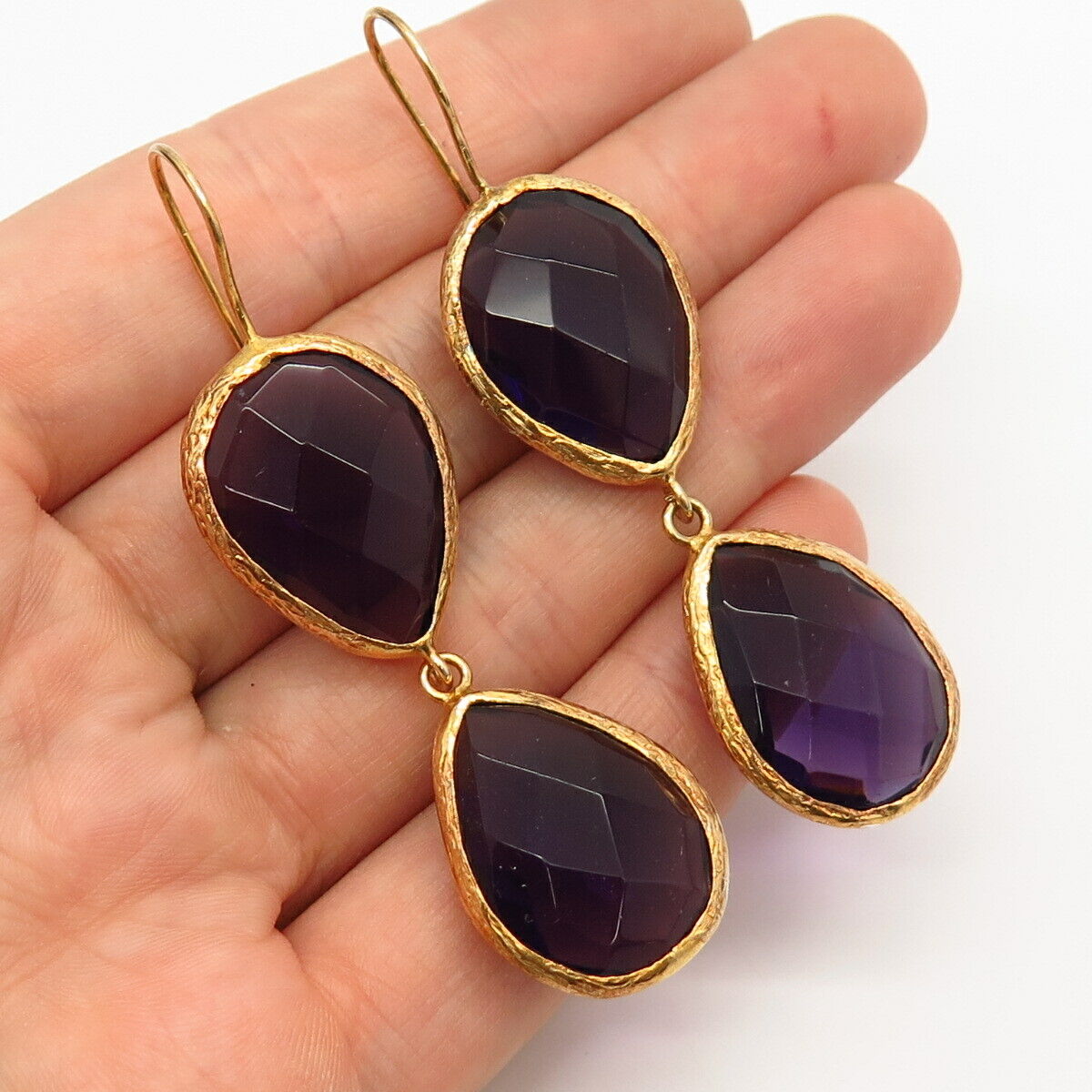 925 Sterling Silver Gold Plated Amethyst-Tone Glass Teardrop Dangling Earrings