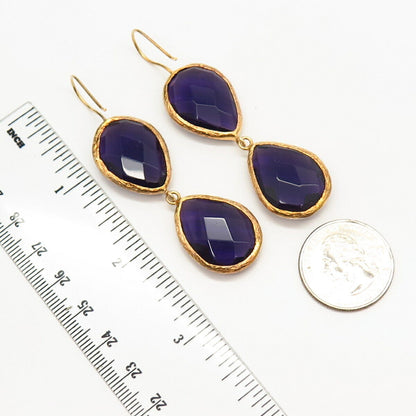 925 Sterling Silver Gold Plated Amethyst-Tone Glass Teardrop Dangling Earrings