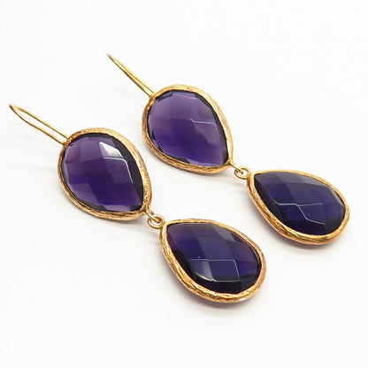 925 Sterling Silver Gold Plated Amethyst-Tone Glass Teardrop Dangling Earrings