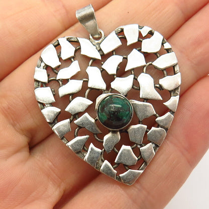 925 Sterling Silver Vintage Chrysocolla Gem Pebble Heart Design Pendant