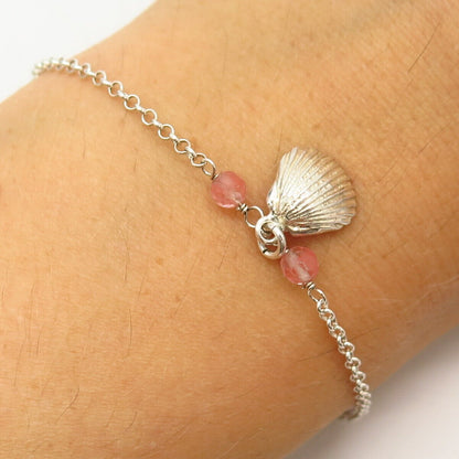 925 Sterling Silver Real Rose Quartz & Shell Inlay Rolo Link Bracelet 6 3/4-8"