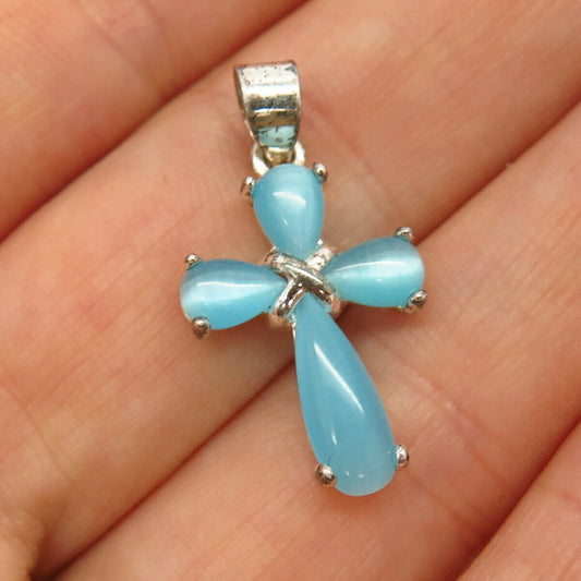 925 Sterling Silver Blue Cats eye Imitation Cross Pendant