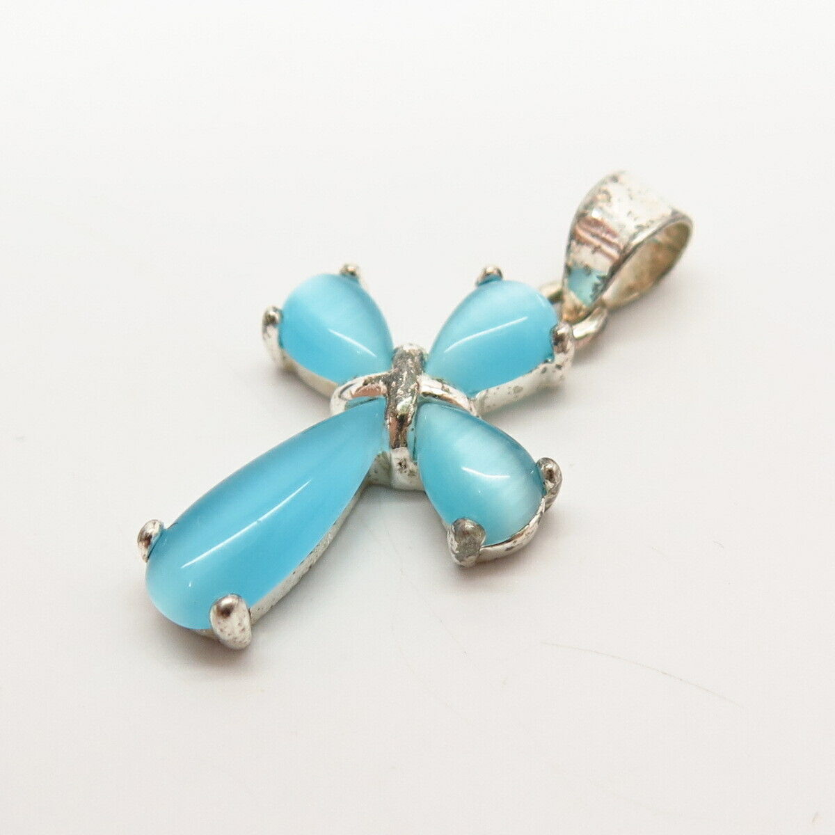 925 Sterling Silver Blue Cats eye Imitation Cross Pendant