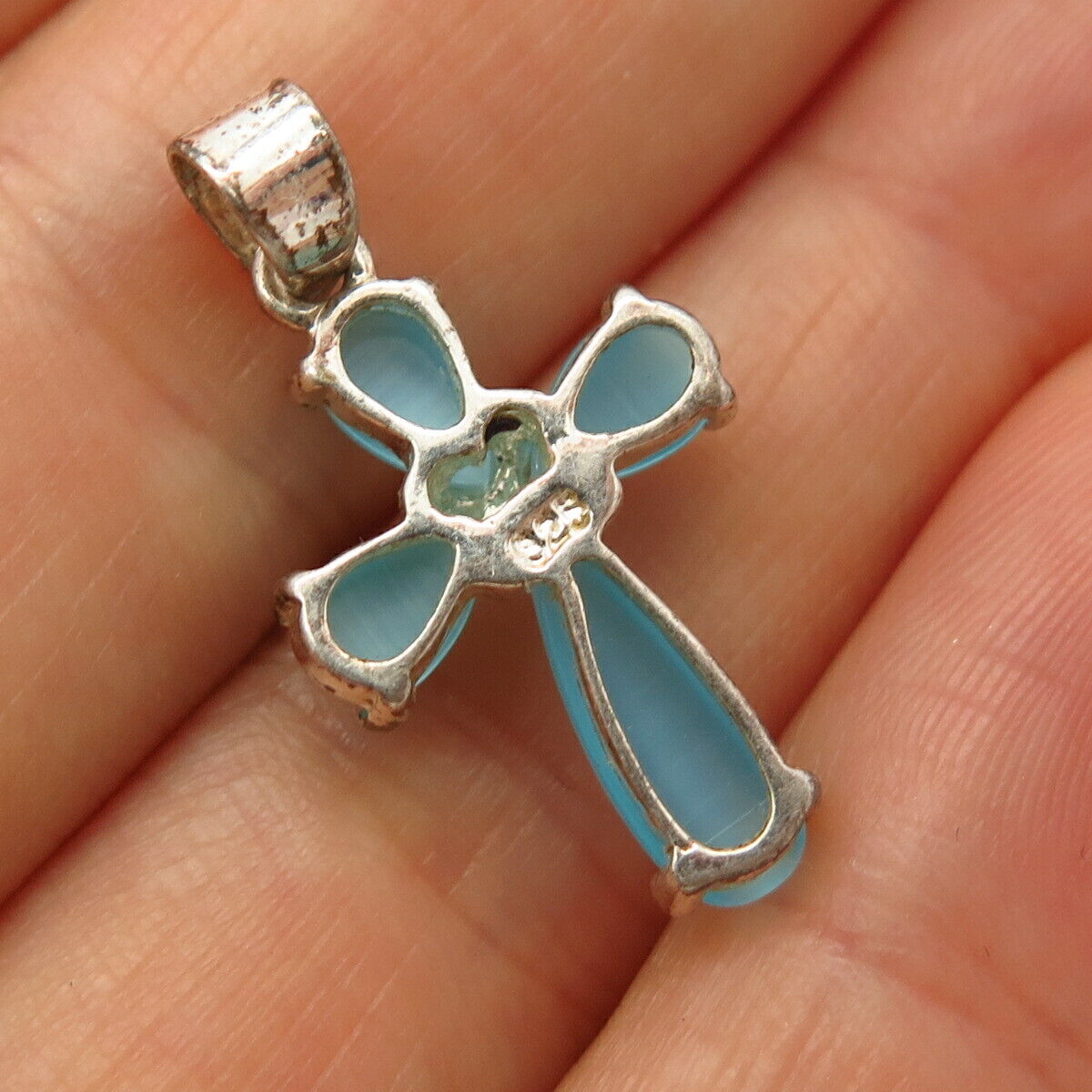 925 Sterling Silver Blue Cats eye Imitation Cross Pendant