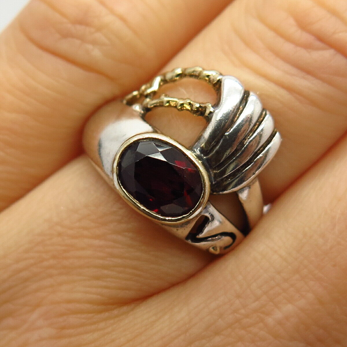 925 Sterling Silver 2-Tone Real Red Garnet Gem Tribal Design Ring Size 5 3/4