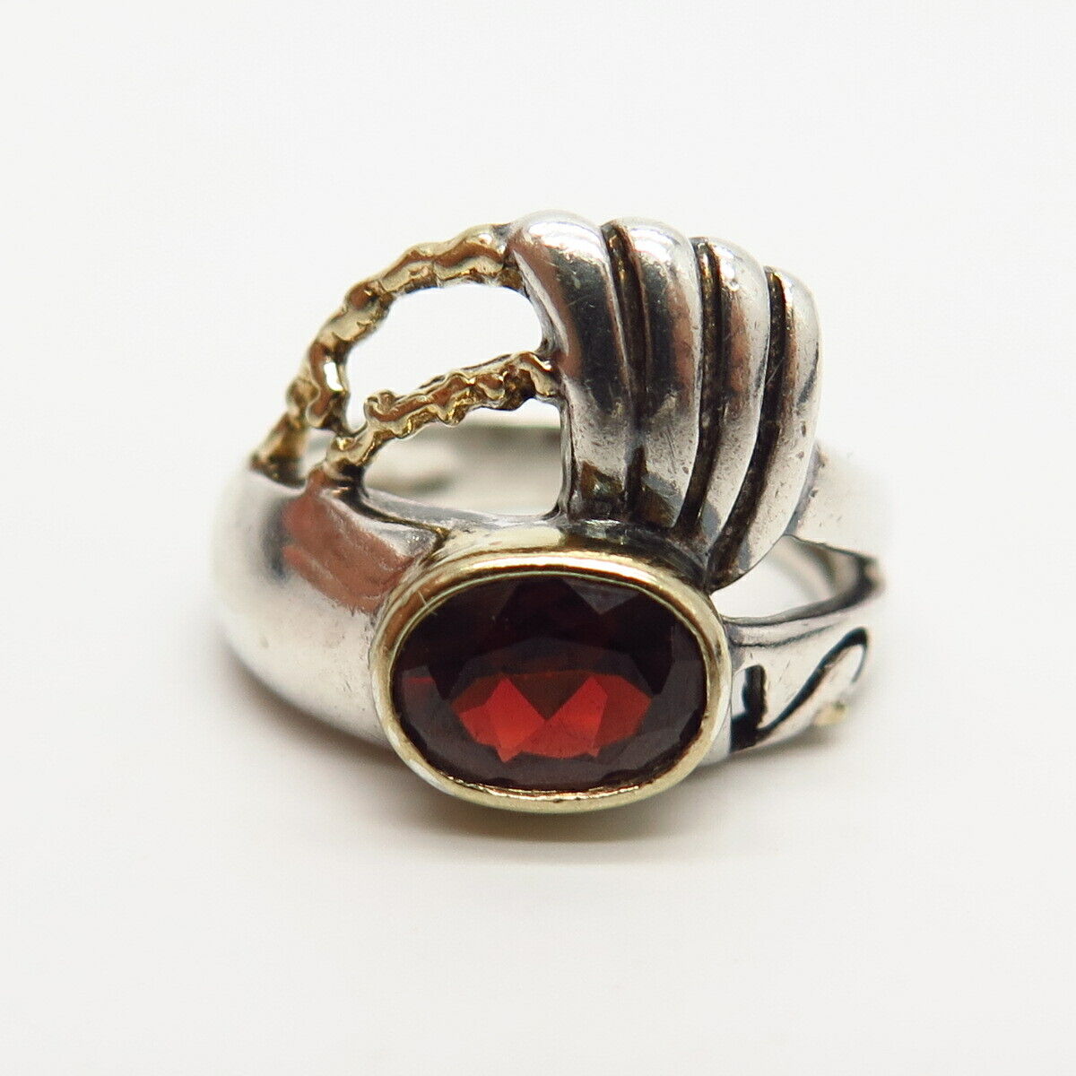 925 Sterling Silver 2-Tone Real Red Garnet Gem Tribal Design Ring Size 5 3/4