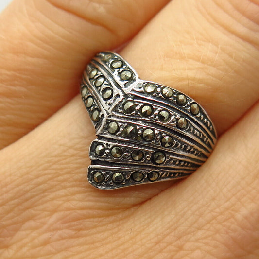 925 Sterling Silver Real Marcasite Gem Wing Overlap Design Ring Size 6 3/4