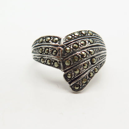 925 Sterling Silver Real Marcasite Gem Wing Overlap Design Ring Size 6 3/4