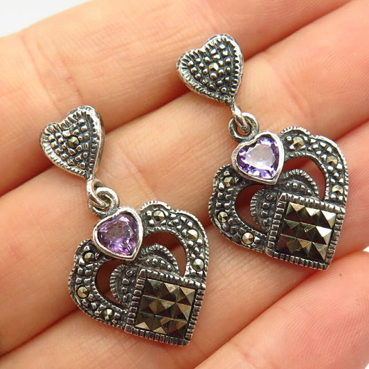 925 Sterling Silver Vintage Marcasite & Amethyst Gem Heart Dangling Earrings