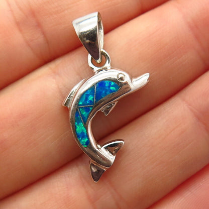 925 Sterling Silver Opal Imitation Friendly Dolphin Pendant