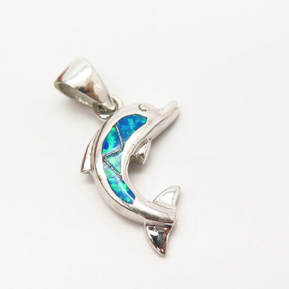 925 Sterling Silver Opal Imitation Friendly Dolphin Pendant