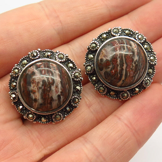 925 Sterling Silver Vintage Leopard Skin Jasper & Marcasite Gem Clip On Earrings