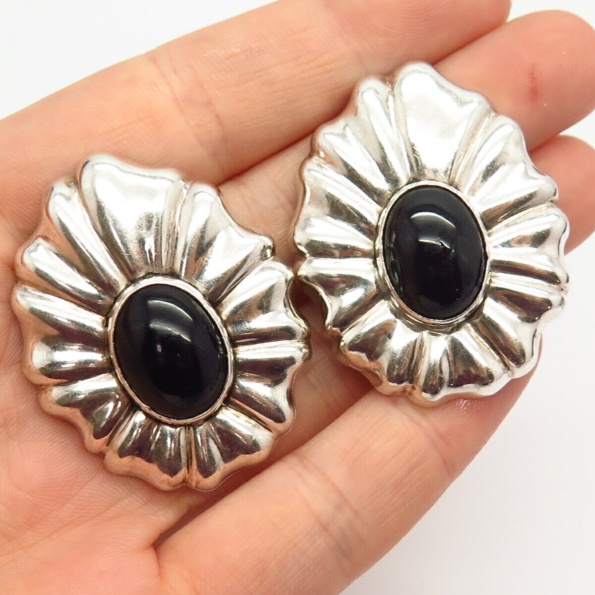 925 Sterling Silver Vintage TURE Real Black Onyx Gem Clip On Earrings