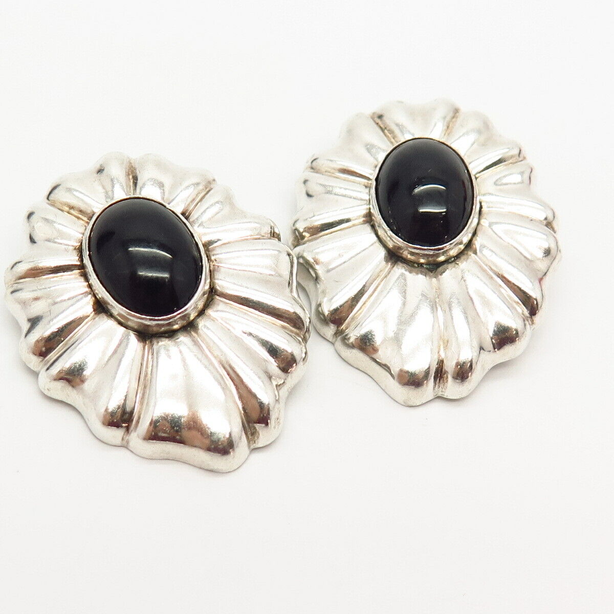 925 Sterling Silver Vintage TURE Real Black Onyx Gem Clip On Earrings