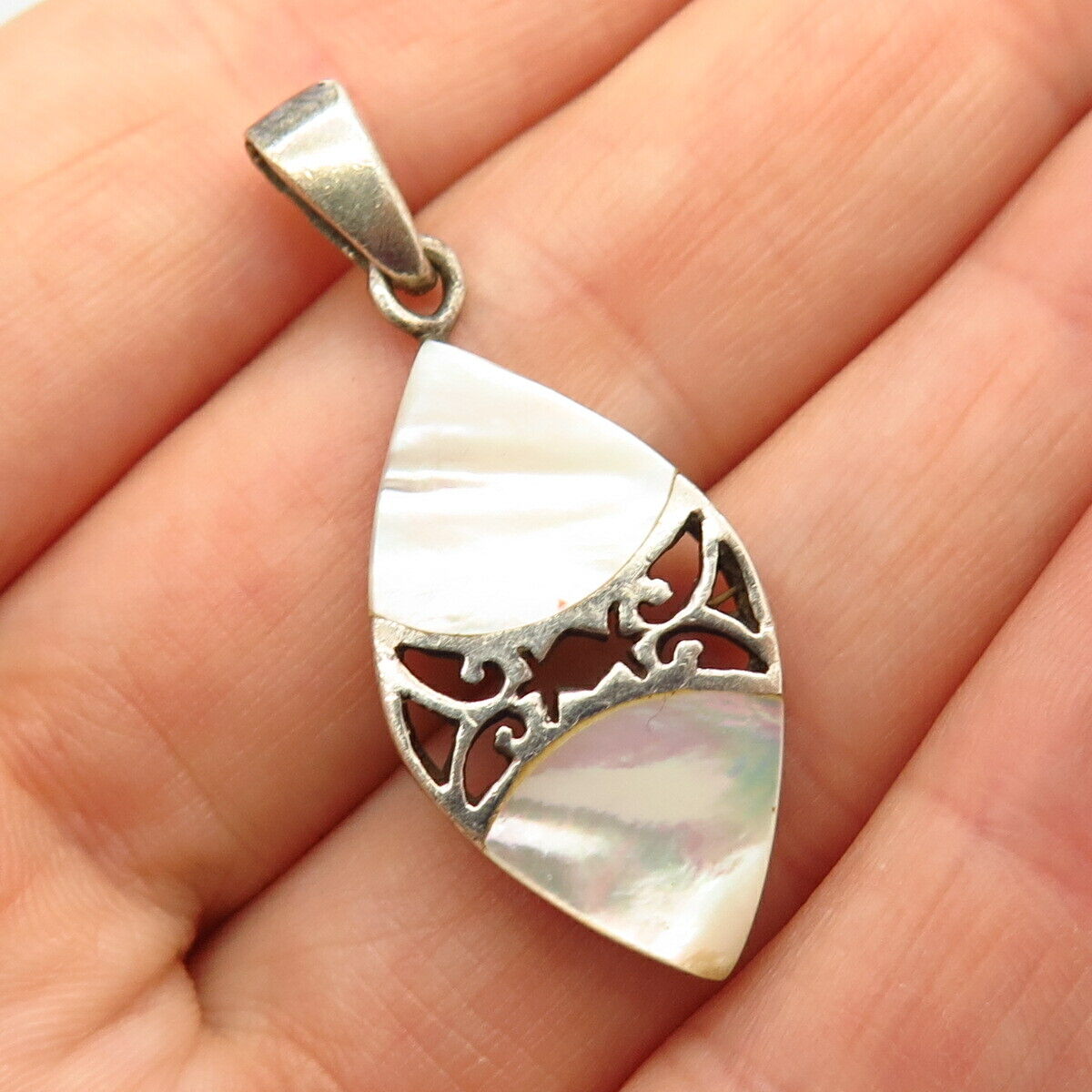 925 Sterling Silver Real Mother-Of-Pearl Ornate Design Pendant