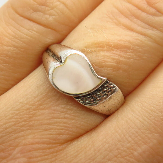 925 Sterling Silver Real Mother-of-Pearl Heart Design Ring Size 6 3/4