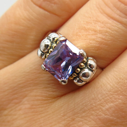 925 Sterling Silver 2-Tone Lilac C Z Granulated Bead Design Ring Size 7