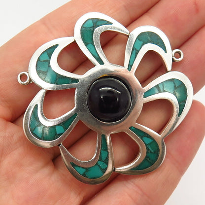 925 Sterling Vintage Mexico Black Onyx Turquoise Gem Inlay Necklace Central Part