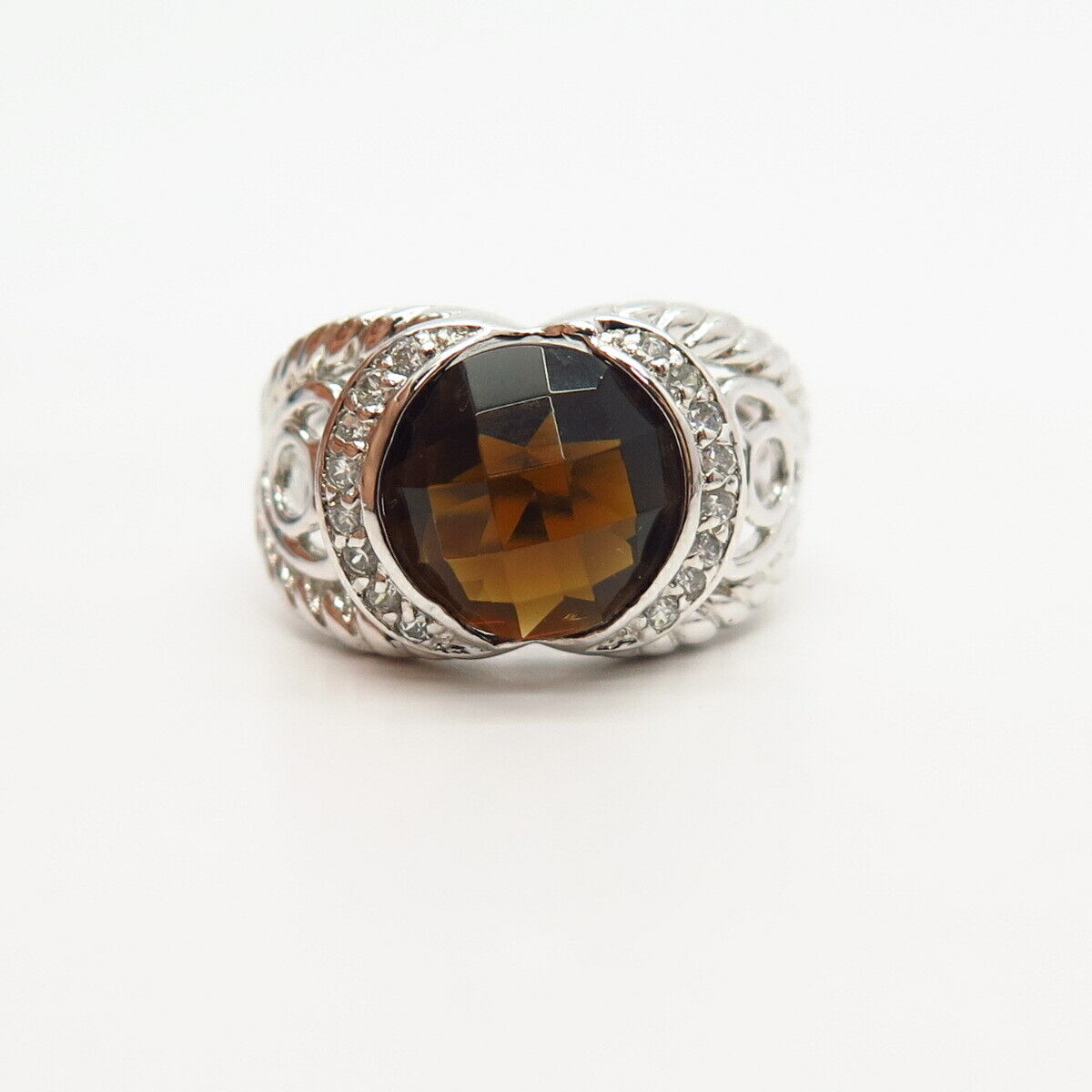 925 Sterling Silver Real Smoky Quartz & C Z Crossover Design Ring Size 7