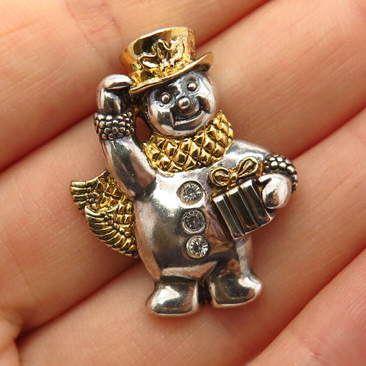 925 Sterling Silver 2-Tone Lenox C Z Snowman Design Slide Pendant