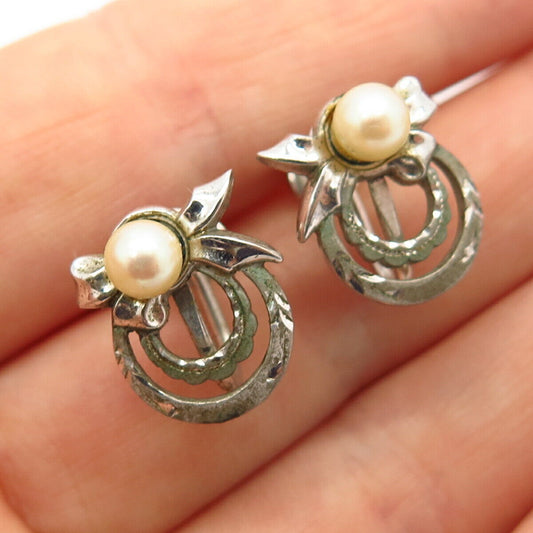 925 Sterling Silver Vintage Marvel Real Pearl Bow Design Screw Back Earrings