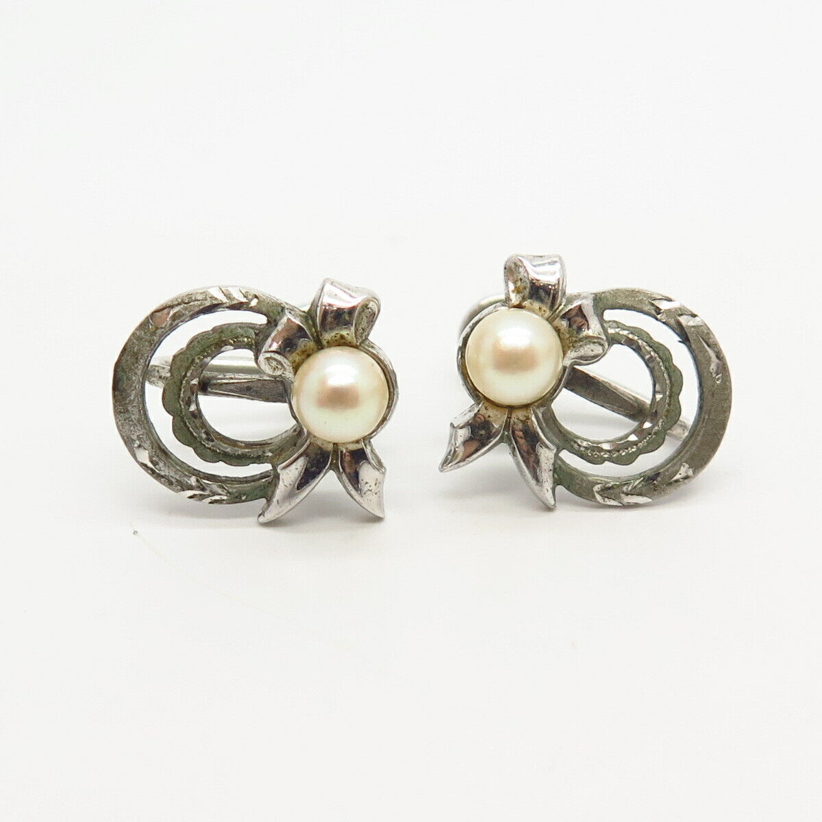 925 Sterling Silver Vintage Marvel Real Pearl Bow Design Screw Back Earrings