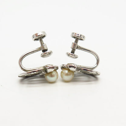 925 Sterling Silver Vintage Marvel Real Pearl Bow Design Screw Back Earrings