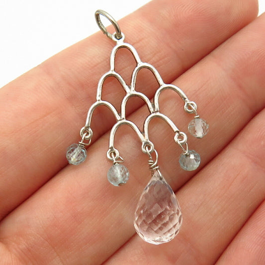 925 Sterling Silver Real Clear Quartz & Blue Topaz Gemstone Chandelier Pendant