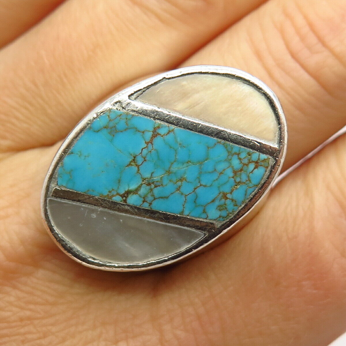 925 Sterling Turquoise Gem & Mother-of-Pearl Wide Solid Signet Ring Size 11 1/4