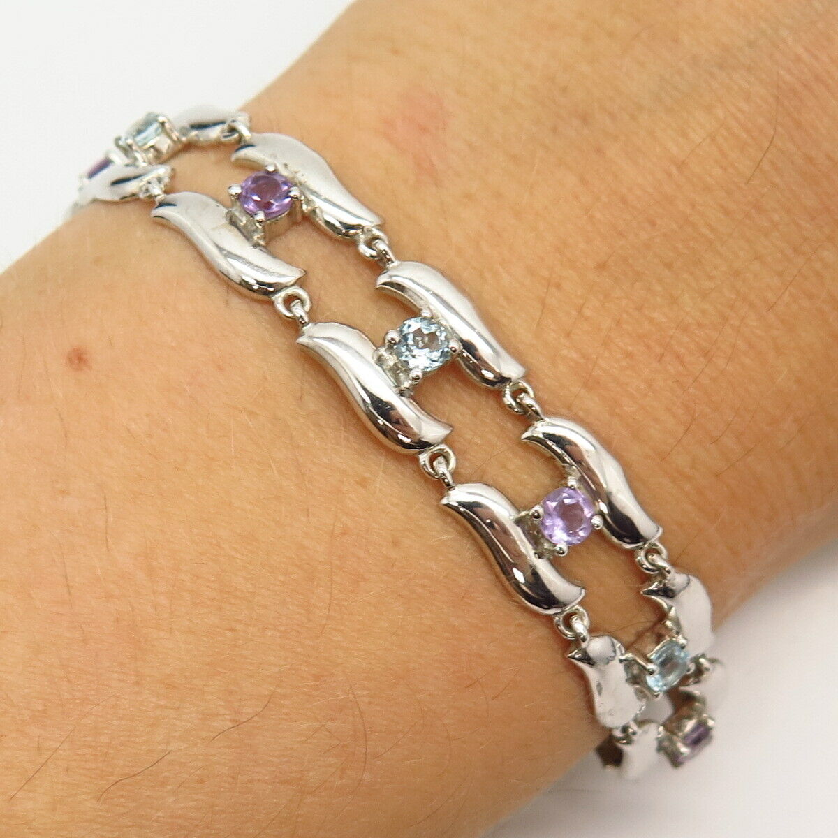 925 Sterling Silver Real Blue Topaz & Amethyst Gemstone Link Bracelet 7"