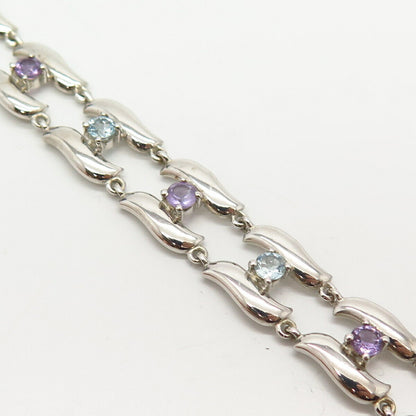 925 Sterling Silver Real Blue Topaz & Amethyst Gemstone Link Bracelet 7"