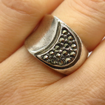 925 Sterling Silver Real Marcasite Gem Crescent Moon Design Ring Size 7