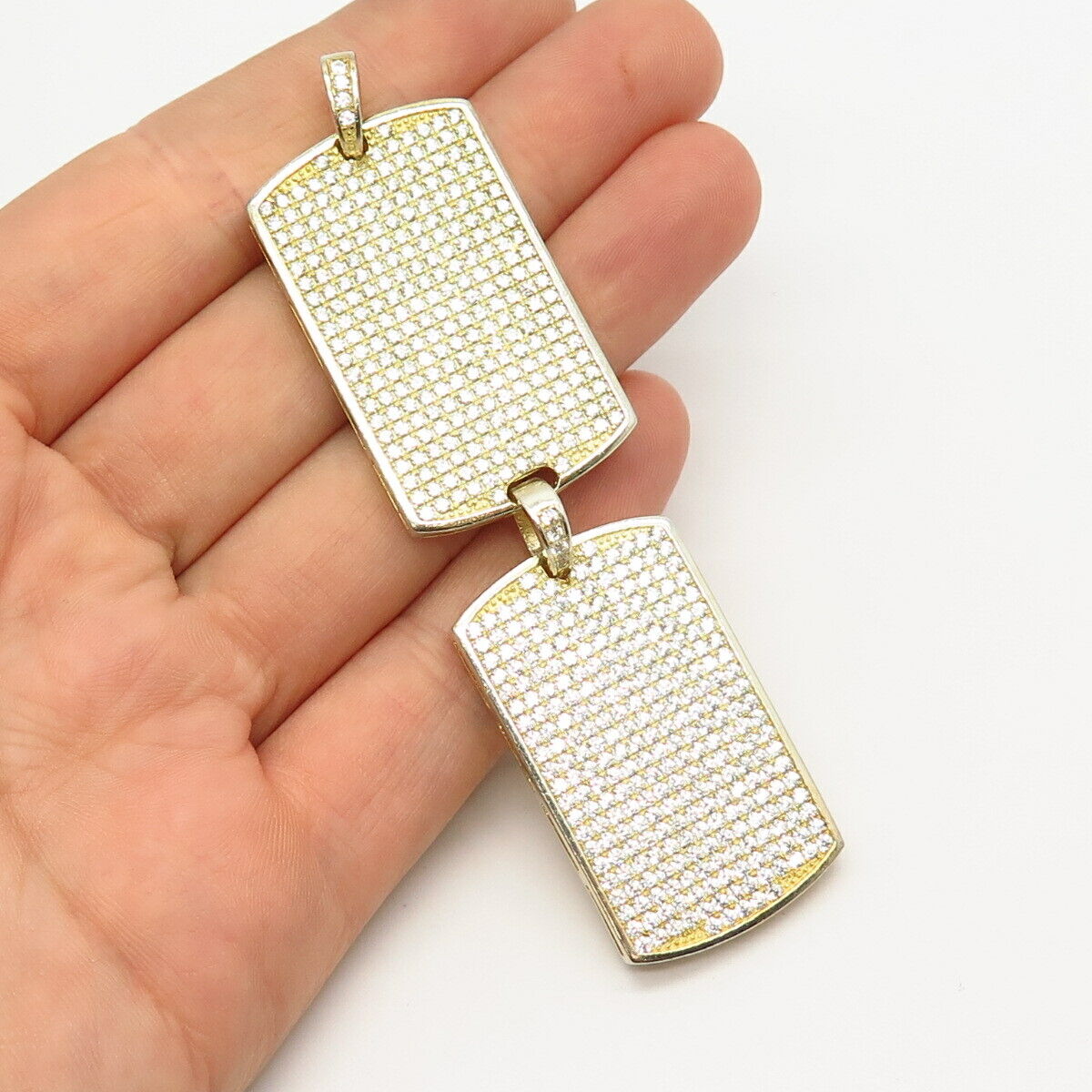 925 Sterling Silver Gold Plated Pave C Z Double Tag Pendant