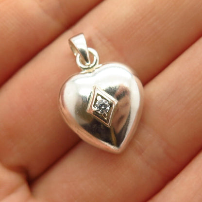 925 Sterling Silver C Z Puffy Heart Design Hollow Pendant